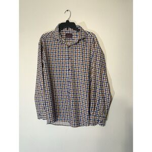 Henri Christian Mens Regular Fit Gingham Check Button Down Shirt Blue Brown L